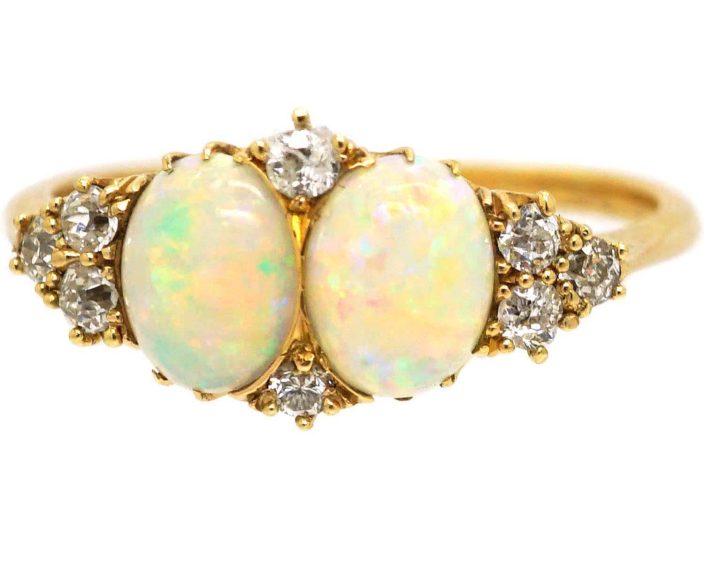Edwardian 18ct Gold, Two Stone Cabochon Opal & Diamond Ring