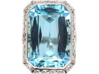 Art Deco 14ct White Gold, Large Rectangular Cut Aquamarine & Diamond Ring