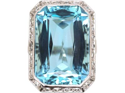 Art Deco 14ct White Gold, Large Rectangular Cut Aquamarine & Diamond Ring
