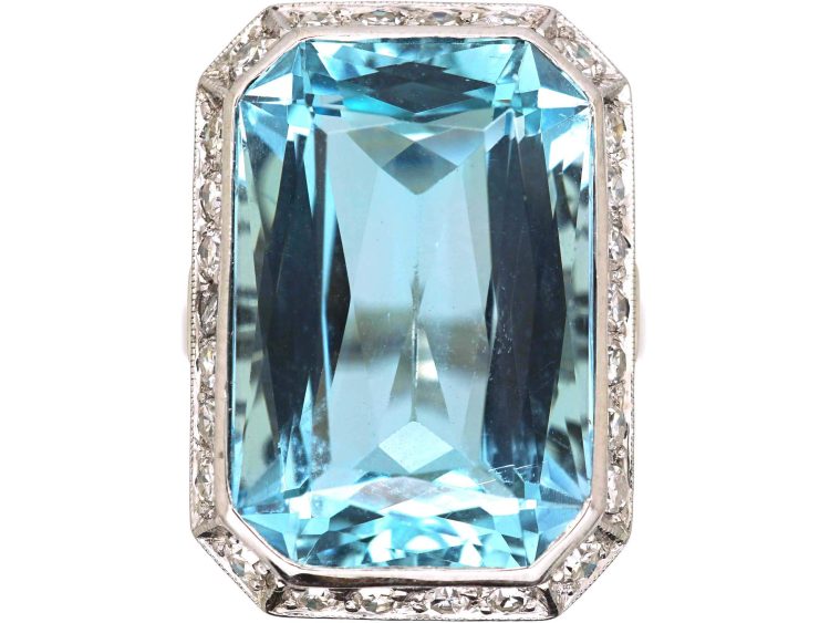 Art Deco 14ct White Gold, Large Rectangular Cut Aquamarine & Diamond Ring
