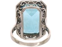 Art Deco 14ct White Gold, Large Rectangular Cut Aquamarine & Diamond Ring