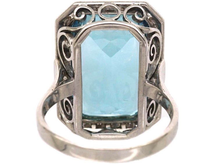 Art Deco 14ct White Gold, Large Rectangular Cut Aquamarine & Diamond Ring