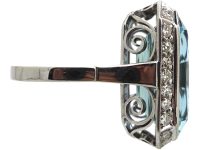 Art Deco 14ct White Gold, Large Rectangular Cut Aquamarine & Diamond Ring