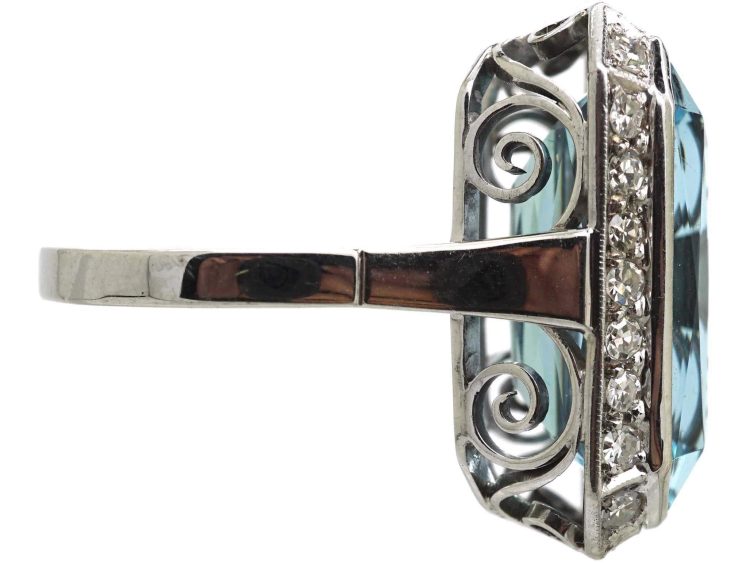Art Deco 14ct White Gold, Large Rectangular Cut Aquamarine & Diamond Ring