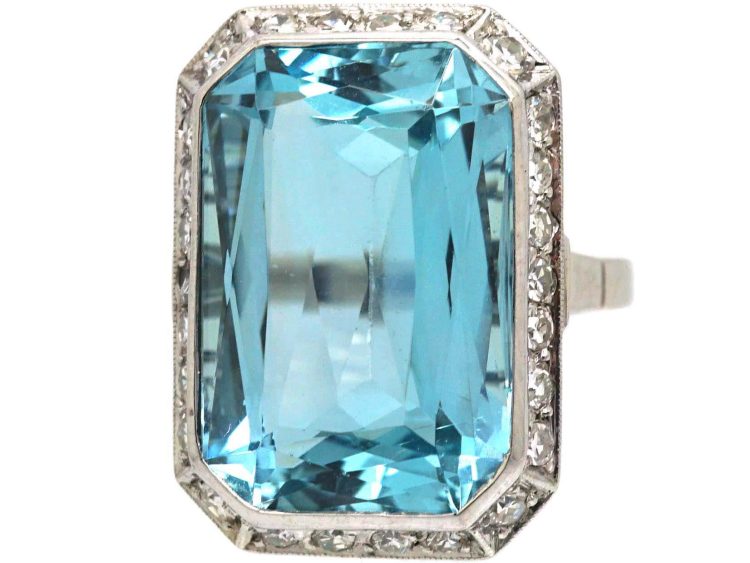 Art Deco 14ct White Gold, Large Rectangular Cut Aquamarine & Diamond Ring