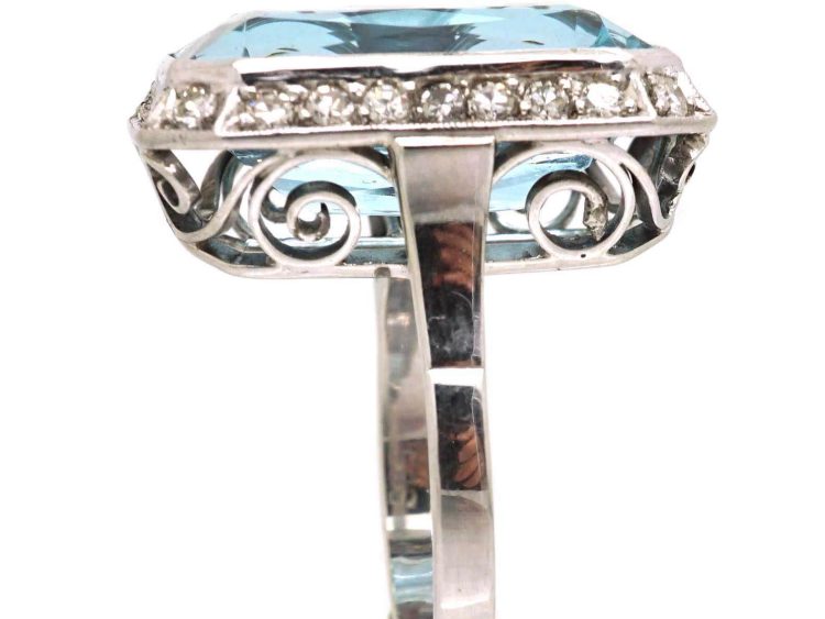 Art Deco 14ct White Gold, Large Rectangular Cut Aquamarine & Diamond Ring