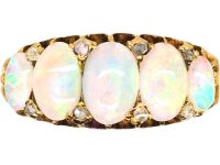 Edwardian 18ct Gold, Five Stone Cabochon Opal Ring with Rose Diamond Points