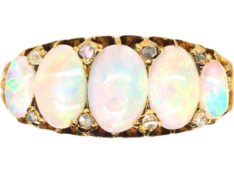Edwardian 18ct Gold, Five Stone Cabochon Opal Ring with Rose Diamond Points