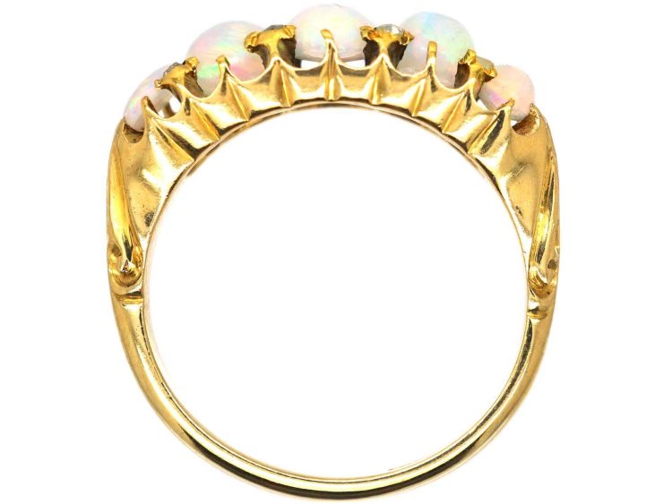 Edwardian 18ct Gold, Five Stone Cabochon Opal Ring with Rose Diamond Points