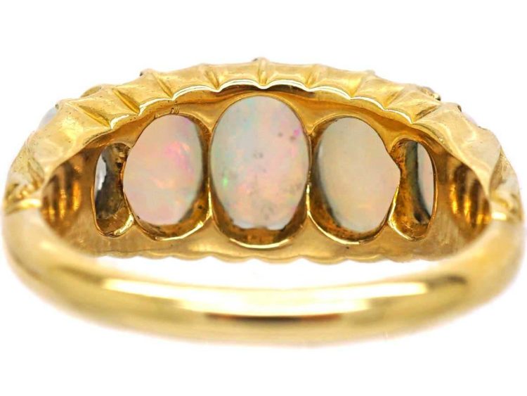 Edwardian 18ct Gold, Five Stone Cabochon Opal Ring with Rose Diamond Points