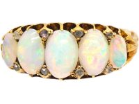Edwardian 18ct Gold, Five Stone Cabochon Opal Ring with Rose Diamond Points