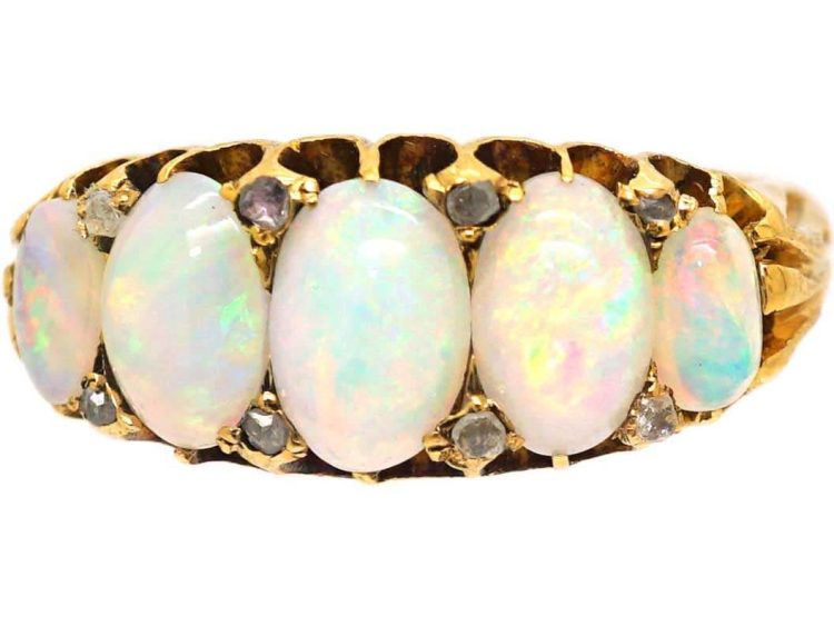 Edwardian 18ct Gold, Five Stone Cabochon Opal Ring with Rose Diamond Points