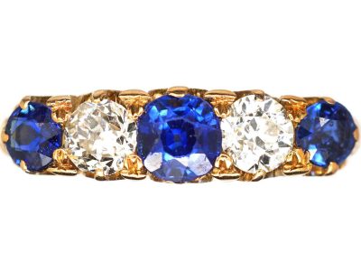Early 20th Century 22ct Gold, Five Stone Sapphire & Diamond Five Stone Carved Half Hoop Ring