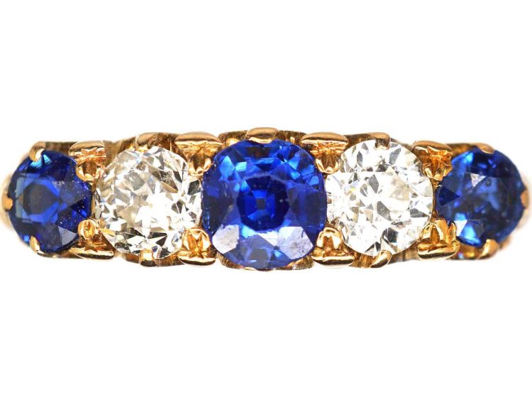 Early 20th Century 22ct Gold, Five Stone Sapphire & Diamond Carved Half Hoop Ring