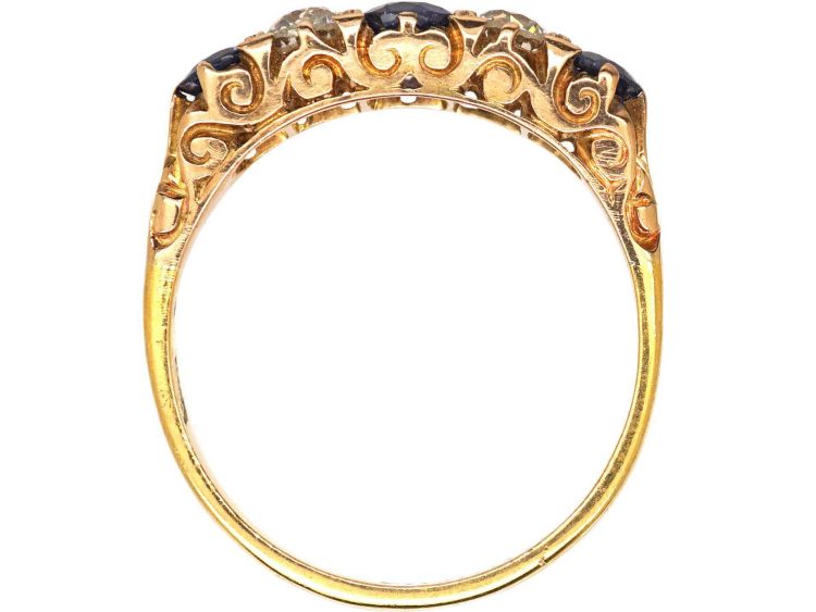 Early 20th Century 22ct Gold, Five Stone Sapphire & Diamond Carved Half Hoop Ring