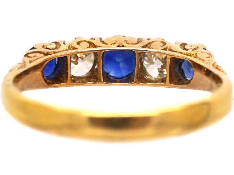 Early 20th Century 22ct Gold, Five Stone Sapphire & Diamond Carved Half Hoop Ring