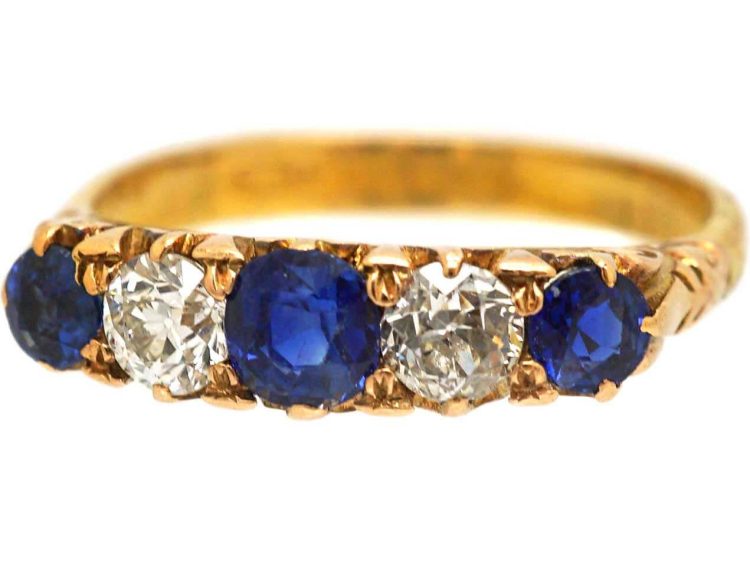 Early 20th Century 22ct Gold, Five Stone Sapphire & Diamond Carved Half Hoop Ring