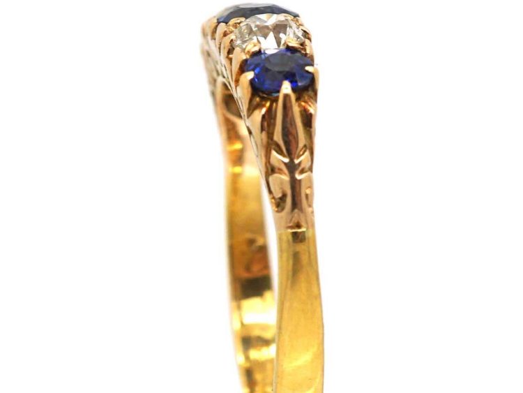 Early 20th Century 22ct Gold, Five Stone Sapphire & Diamond Carved Half Hoop Ring