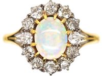 Edwardian 18ct Gold, Opal & Diamond Oval Cluster Ring