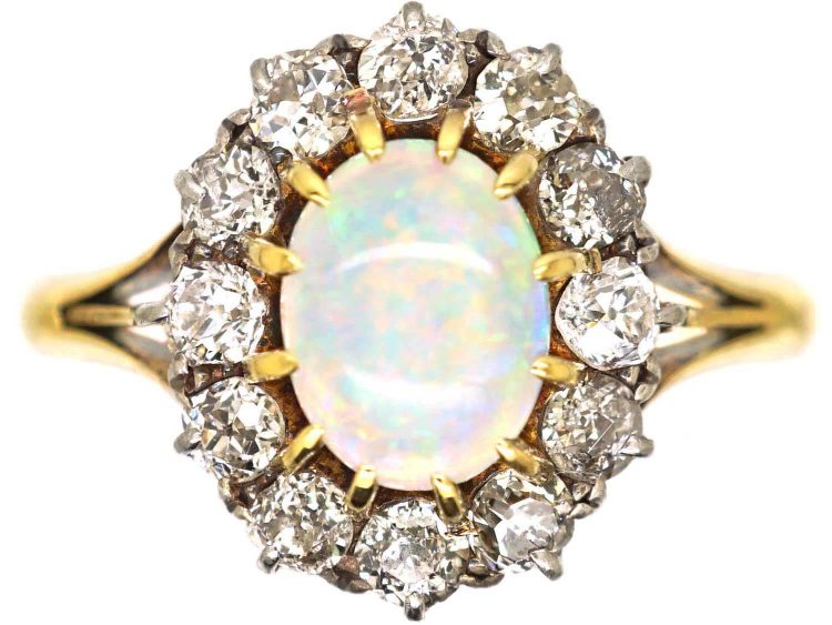Edwardian 18ct Gold, Opal & Diamond Oval Cluster Ring