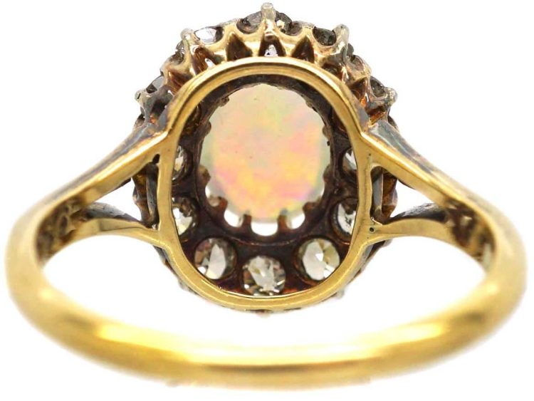 Edwardian 18ct Gold, Opal & Diamond Oval Cluster Ring
