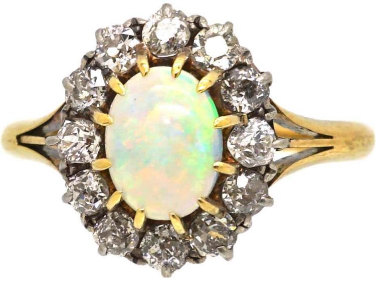 Edwardian 18ct Gold, Opal & Diamond Oval Cluster Ring