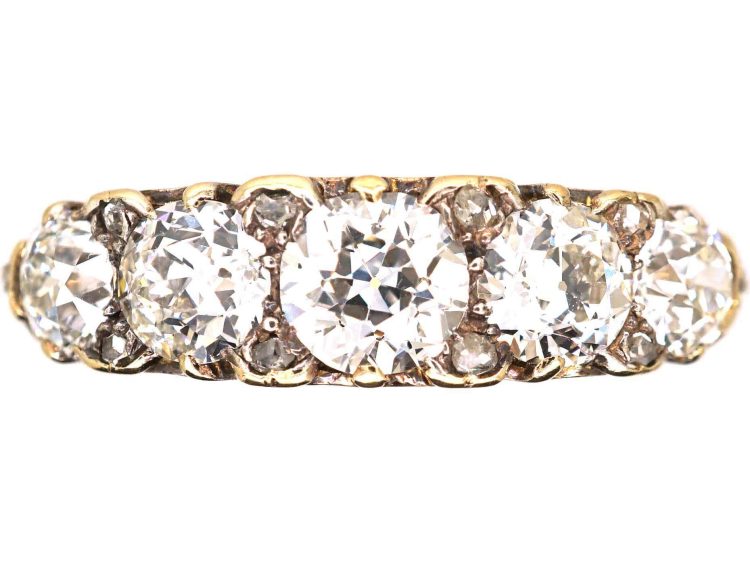 Victorian 18ct Gold, Carved Half Hoop Five Stone Diamond Ring