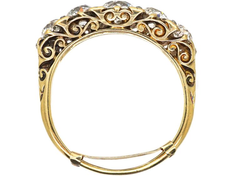 Victorian 18ct Gold, Carved Half Hoop Five Stone Diamond Ring