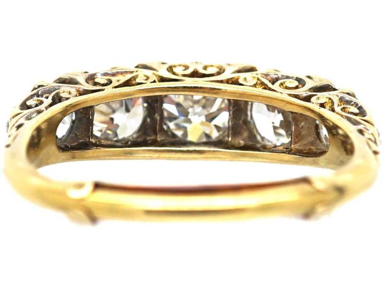 Victorian 18ct Gold, Carved Half Hoop Five Stone Diamond Ring