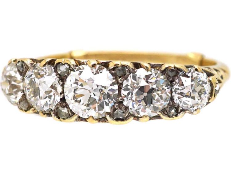 Victorian 18ct Gold, Carved Half Hoop Five Stone Diamond Ring
