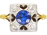 Art Deco 18ct Gold & Platinum Square Ring with Pierced Hearts set with a Sapphire & Diamonds