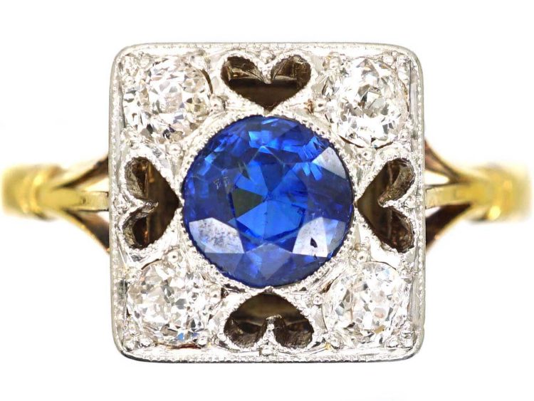 Art Deco 18ct Gold & Platinum Square Ring with Pierced Hearts set with a Sapphire & Diamonds