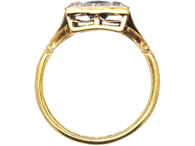 Art Deco 18ct Gold & Platinum Square Ring with Pierced Hearts set with a Sapphire & Diamonds