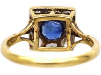Art Deco 18ct Gold & Platinum Square Ring with Pierced Hearts set with a Sapphire & Diamonds