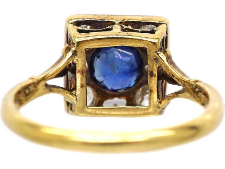Art Deco 18ct Gold & Platinum Square Ring with Pierced Hearts set with a Sapphire & Diamonds