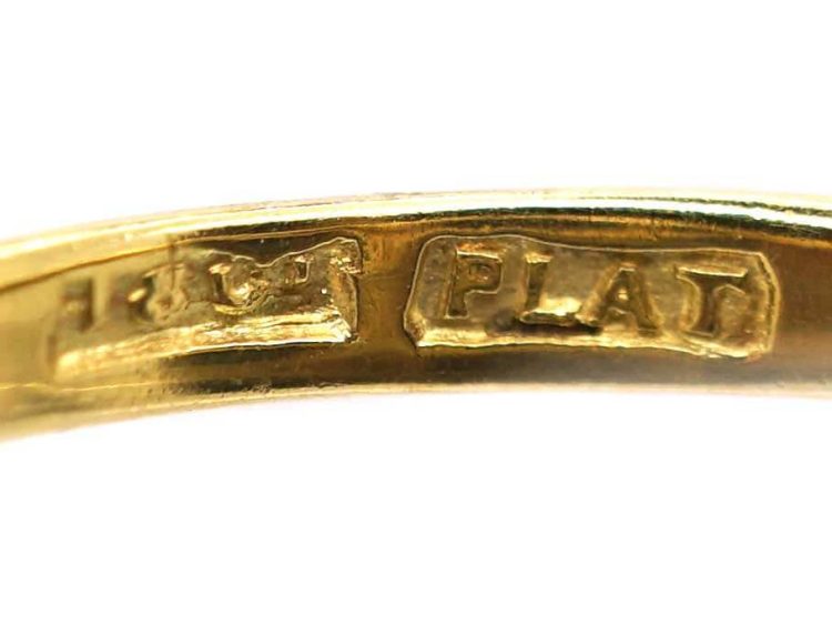 Art Deco 18ct Gold & Platinum Square Ring with Pierced Hearts set with a Sapphire & Diamonds