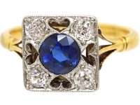 Art Deco 18ct Gold & Platinum Square Ring with Pierced Hearts set with a Sapphire & Diamonds