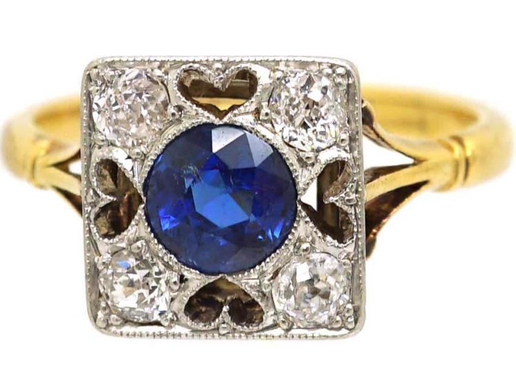 Art Deco 18ct Gold & Platinum Square Ring with Pierced Hearts set with a Sapphire & Diamonds