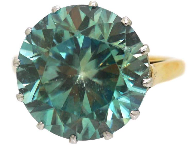 Art Deco 18ct Gold & Platinum Ring set with a Large Blue Zircon