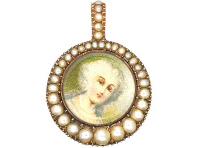 Georgian 9ct Gold & Natural Split Pearl Pendant with Miniature of Lady