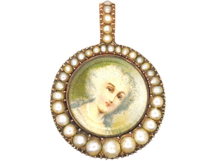 Georgian 9ct Gold & Natural Split Pearl Pendant with Miniature of Lady