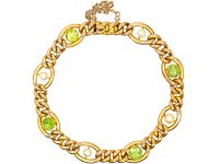 Edwardian 15ct Gold Curb Bracelet set with Peridots & Natural Pearls