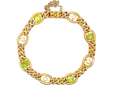 Edwardian 15ct Gold Curb Bracelet set with Peridots & Natural Pearls