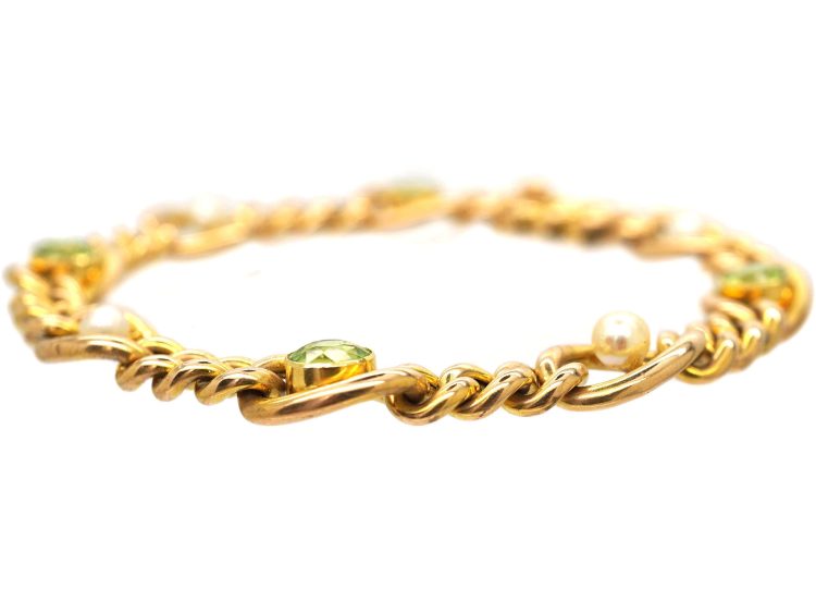 Edwardian 15ct Gold Curb Bracelet set with Peridots & Natural Pearls