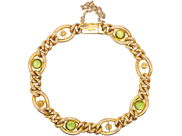 Edwardian 15ct Gold Curb Bracelet set with Peridots & Natural Pearls