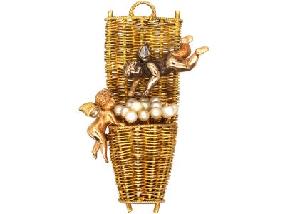 French 19th Century 18ct Gold, Natural Pearl & Rose Diamond Brooch of Two Cherubs Harvesting Grapes