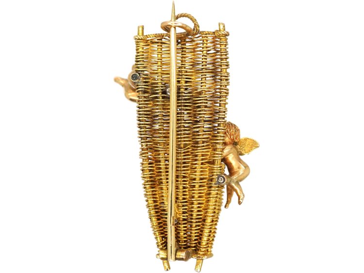 French 19th Century 18ct Gold, Natural Pearl & Rose Diamond Brooch of Two Cherubs Harvesting Grapes
