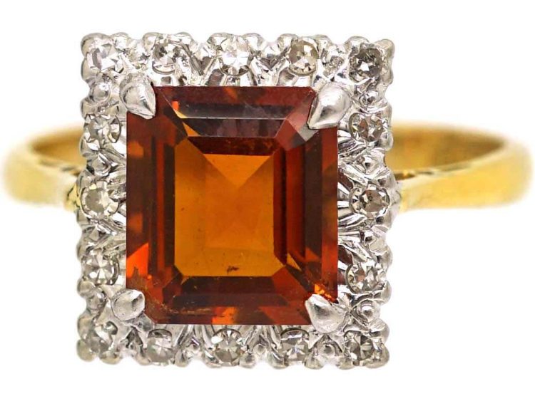 Mid 20th Century 18ct Gold & Platinum, Rectangular Ring set with a Madeira Citrine & Diamonds
