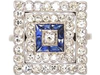 Art Deco Platinum Large Square Ring set with Diamonds & Sapphires