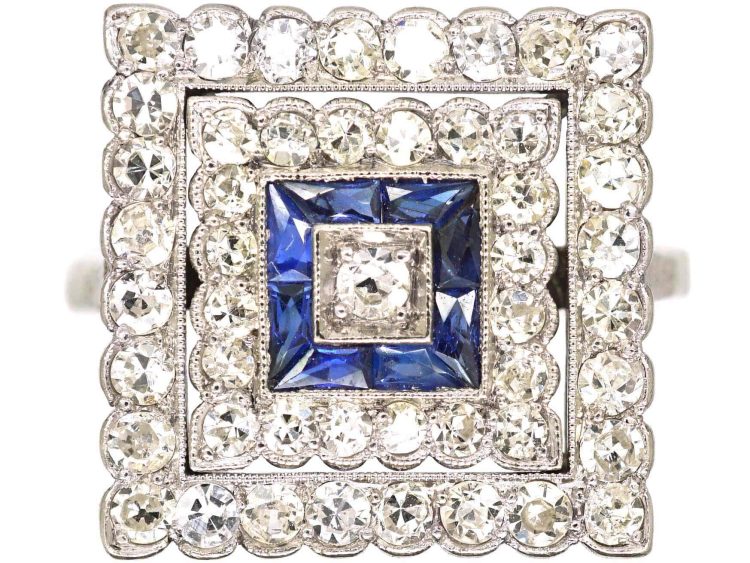 Art Deco Platinum Large Square Ring set with Diamonds & Sapphires